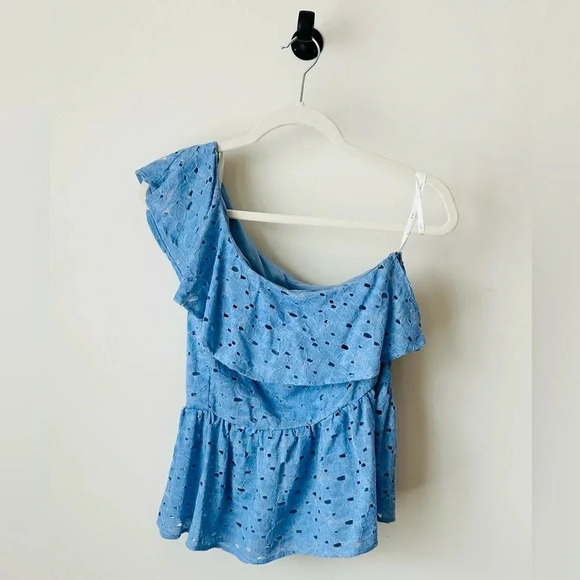J.O.A. One-Shoulder Blue Eyelet Ruffle Blouse - Size S - NWT - Picture 8 of 11